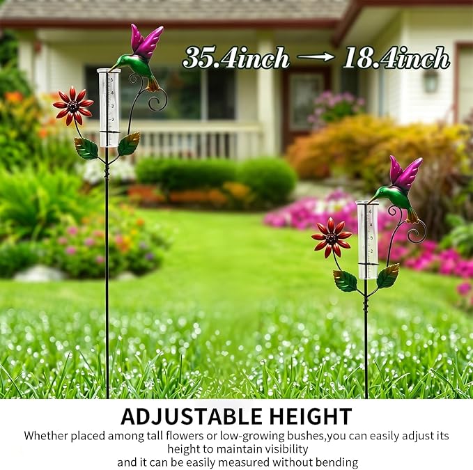Hummingbird Rain Gauge Outdoor, Glass Rain Gauge with Floating Discs for Easy Reading, Freeze-Proof Adjustable Height Decorative Rain Gauges for Yard Garden Decor, Unique Gardening Gifts for Women