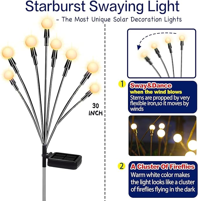 TONULAX Solar Garden Lights - 6 Pack Upgraded Solar Swaying Light, Sway by Wind, Outdoor Lights, Yard Patio Pathway Decoration, High Flexibility Iron Wire & Heavy Bulb Base, Warm White