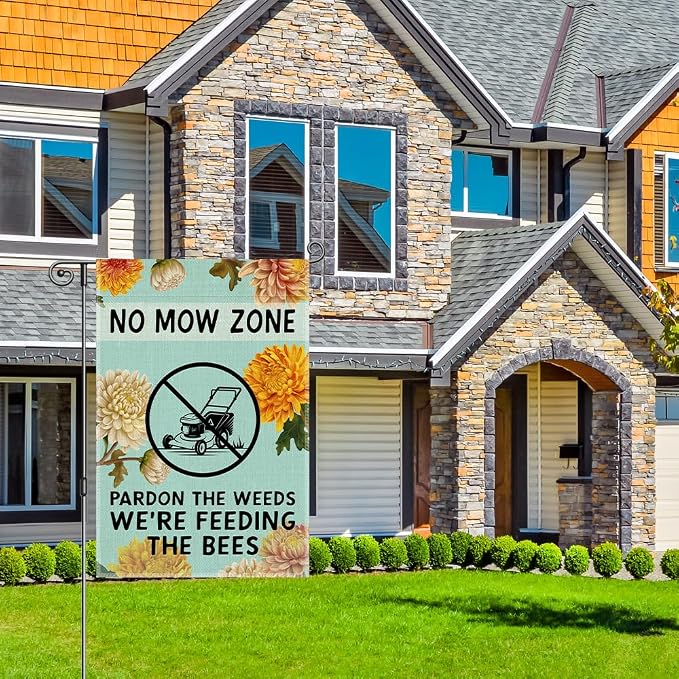 Perfectinsoy No Mow May Zone Sign, Pardon the Weeds We're Feeding the Bees Funny Garden Flag, Pollinator Friendly Yard Banner, Bee Lover Gifts for Gardener, Welcome Yard Farmhouse Spring Outdoor Decor