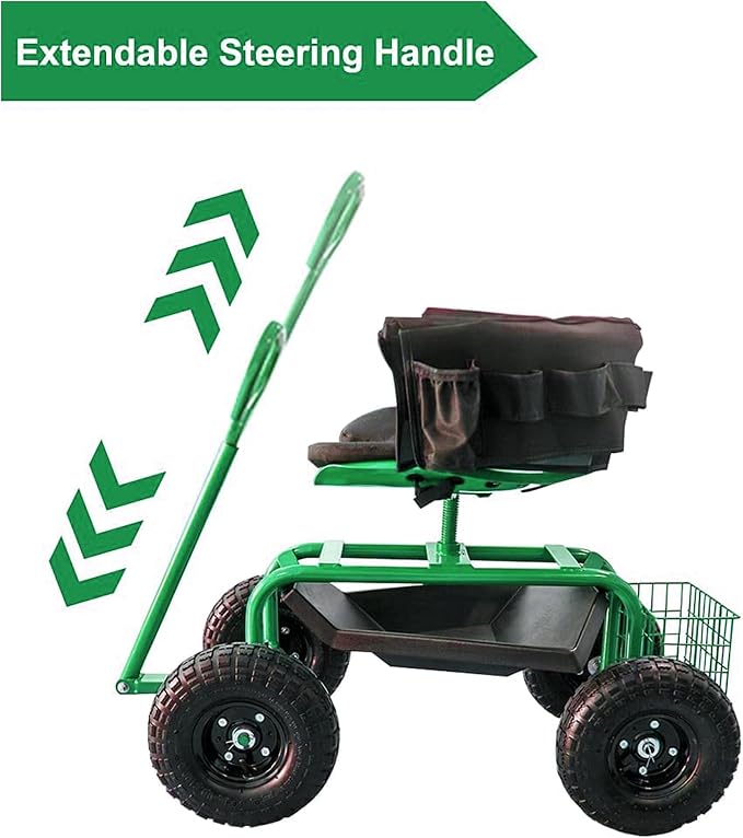 THUNDERBAY Garden Cart Rolling Workseat with Wheels, 360 Degree Swivel Seat, Wagon Scooter with Steering Handle & Utility Tool Tray for Planting, with Storage Basket and Tool Pouch, Green