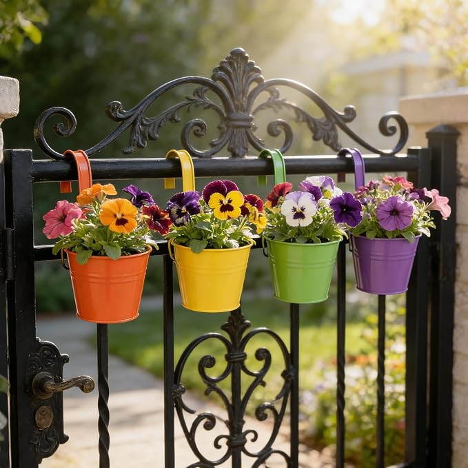 12 Pack Balcony Planters Railing Hanging, Colorful Railing Planter 6.4 Inch Plant Pots with Drainage Holes Hanging Plant Holder Indoor Hanging Planter Outdoor Flower Pots