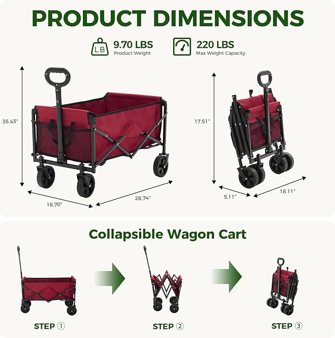 OLIXIS Collapsible Wagon 67L Compact Lightweight Utility Folding Wagon Cart with Wheels – 220 lbs Weight Capacity, Flexible Handle for Beach, Grocery, Camping, Shopping, Sports & Garden, Red