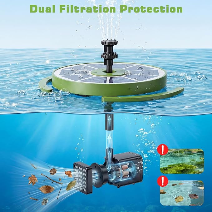AISITIN 3.5W Solar Bird Bath Fountain with Built-in 1500mAh Battery, Solar Water Pump with 8 Nozzles, Solar Powered Floating Fountain for Outdoor Garden, Birdbath, Pond, Pool, Fish Tank - Dark Green