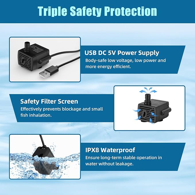 DaToo DC 5V USB Water Pump For Fish Tank 3W Mini Submersible Water Pump With Tubing And Flow Adjustment Function Small Fountain Pump For Pet Fountain Aquarium Hydroponics Desktop Fountain 190L/H