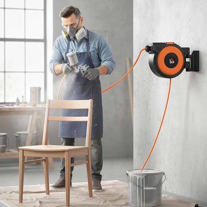 HOMCOM Retractable Air Hose Reel, Wall Mounted Air Compressor Hose Reel with Swivel Bracket, Auto Rewind, 3/8 in x 98 ft, 6.6 ft Lead in, 300 PSI, Air Coupler, Black and Orange