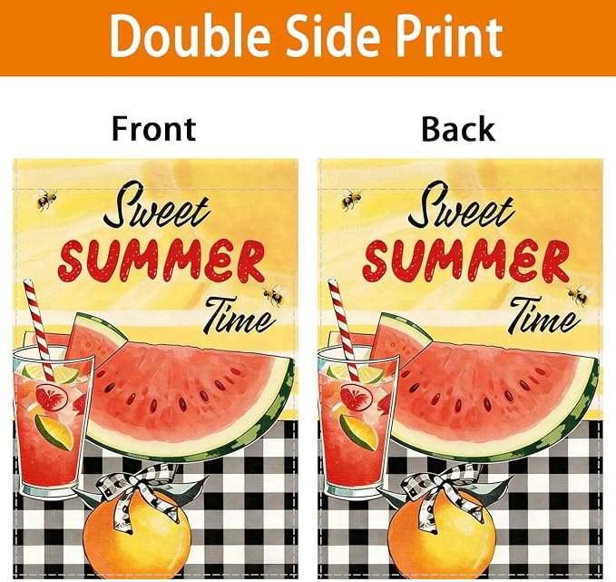 Sweet Summer Time Garden Flag, Buffalo Plaid Check Lemon House Yard Watermelon Bee Lemonade Outside Decoration, Seasonal Farmhouse Outdoor Small Burlap Decor Double Sided 12x18 Farmhouse Outdoor Yard Decoration