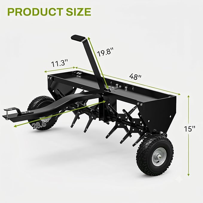 AUTOSAVER88 48" Tow Plug Lawn Aerator with Universal Hitch & Adjustable Handle for Lawn, Farm and Garden, Tow Behind Aerator with 32 Steel Tines & 10" Inflatable Wheels, Aerator Lawn Tool, Black