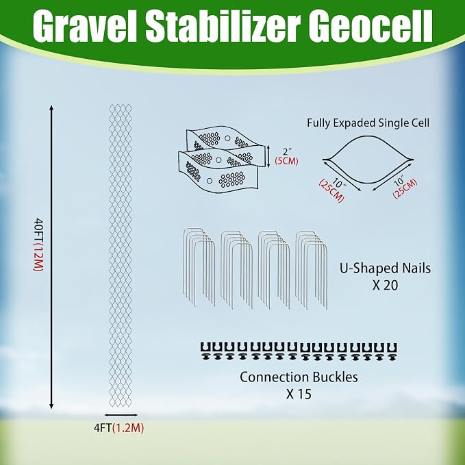 2" Thick Gravel Ground Grid 4ft x 40ft - Geo Grid Driveway Stabilization Grids, Gravel Retainer Grid 1885 LBS Per Sq ft, Geocell Geogrid for Walkway Driving RV Parking Slopes and Garden