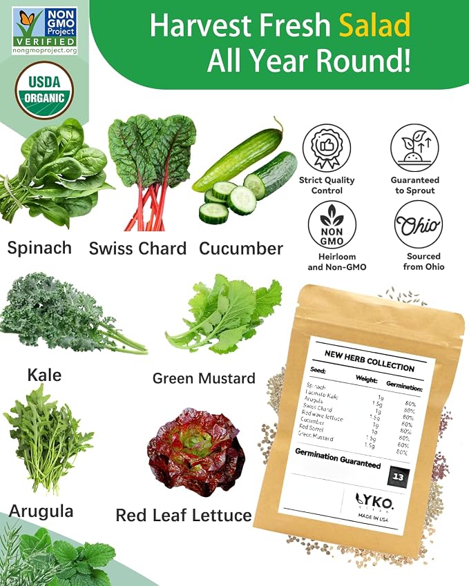 LYKOCLEAN 8-pod Salad Seeds Pod Kit for AeroGarden, iDOO, Ahopegarden Hydroponics Growing System, 350+ Seeds (Include Spinach, Lacinato Kale, Arugula, Swiss Chard, Red Leaf Lettuce, Cucumber)
