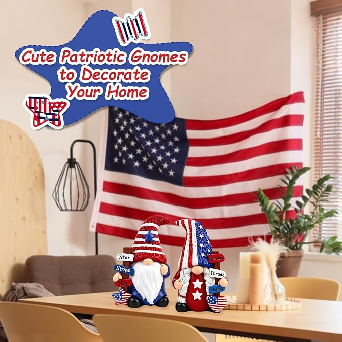 4th of July Gnome Decorations for Home 2 PCY Patriotic Desk Figurines Indoor Resin Collectible Statue Cute Holiday Ornament for Table Home