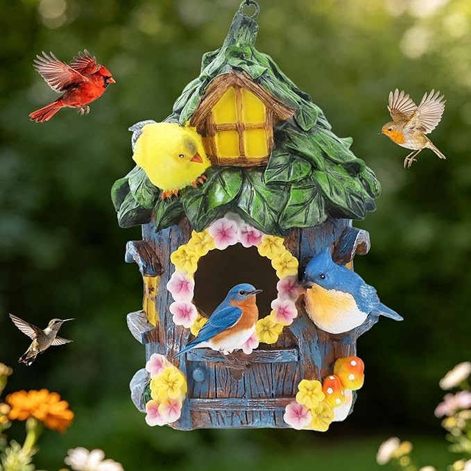 Bird Houses for Outside Real Wood-Look Birdhouse with Blue Bird – Hand-Painted Resin Birdhouses for Outdoors for Bluebird Finches Cardinals Bird Nesting Garden, Patio, Yard