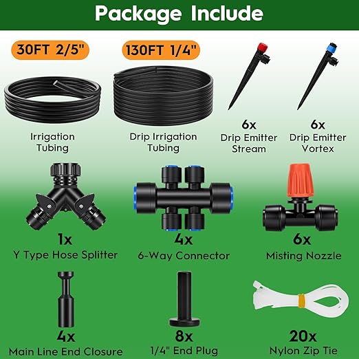 Quick-Connect Drip Irrigation System Kit, Irrigation Kit with Adjustable Nozzles, 2/5" & 1/4" Tubing, Automatic Watering System for Garden, Raised Beds, Greenhouse, Automatic Timer Compatible