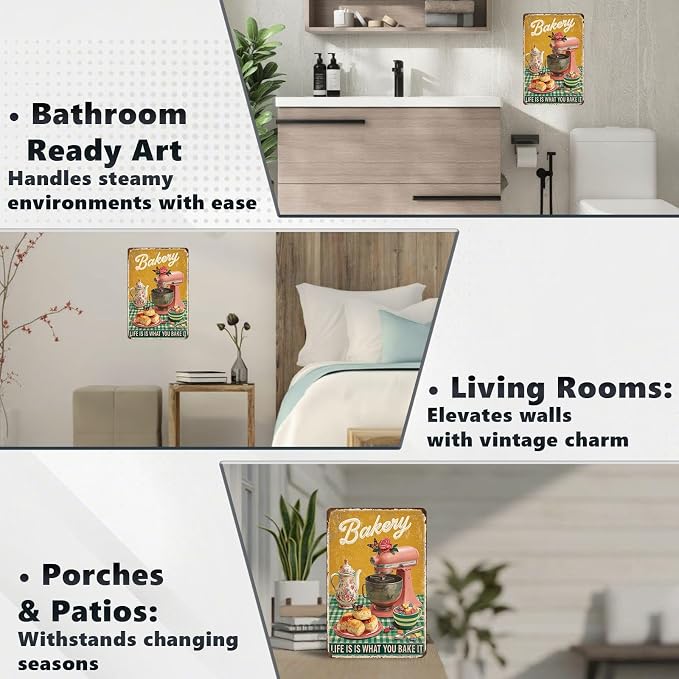 Retro Baking Metal Plaque Life Is What You Bake It Sign Farmhouse Wall Decor Aluminum Tin Sign Bread Pastry Art Kitchen Diner 8x12Inch
