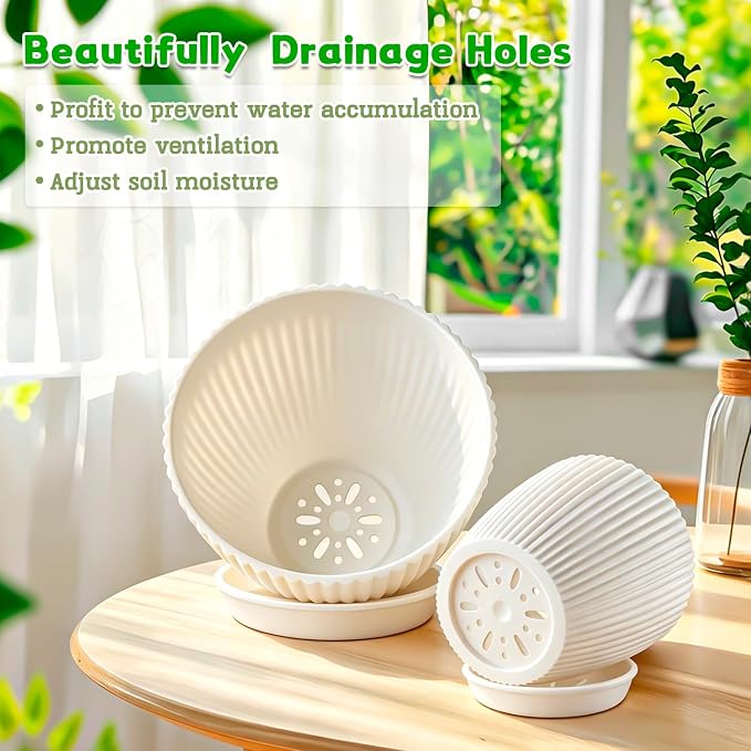 SupKing White Plant Pots with Drainage Saucers 7.5/6.7/6/5/4/3.5 Inch Set of 6,Plastic Flower Pots Planters with Multi Mesh Drainage Holes Nursery Planting Pot for Indoor Outdoor Garden Plants