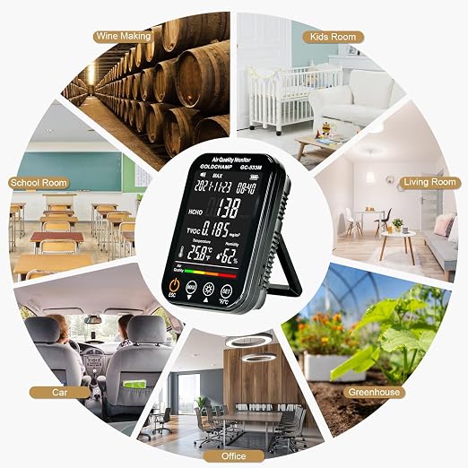 4in1 Air Quality Monitor Indoor Formaldehyde Detector Test HCHO/TVOC/Temp(℃/℉) /Humidity Sensor Air Analyzer with Digital LCD Screen, Smart Alarm，Auto Shutdown，Data Storage for Home, Cars, Plants