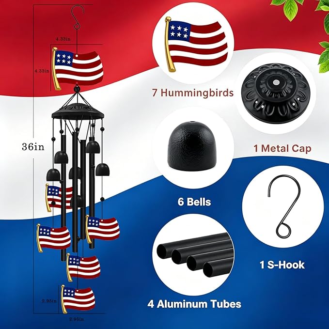 American Flag Patriotic Wind Chime, Red White Blue Aluminum Tube Wind Chimes Waterproof Hanging Ornament for Front Porch Garden Yard, 4th of July Independence Day Memorial Day Veterans Day Gift