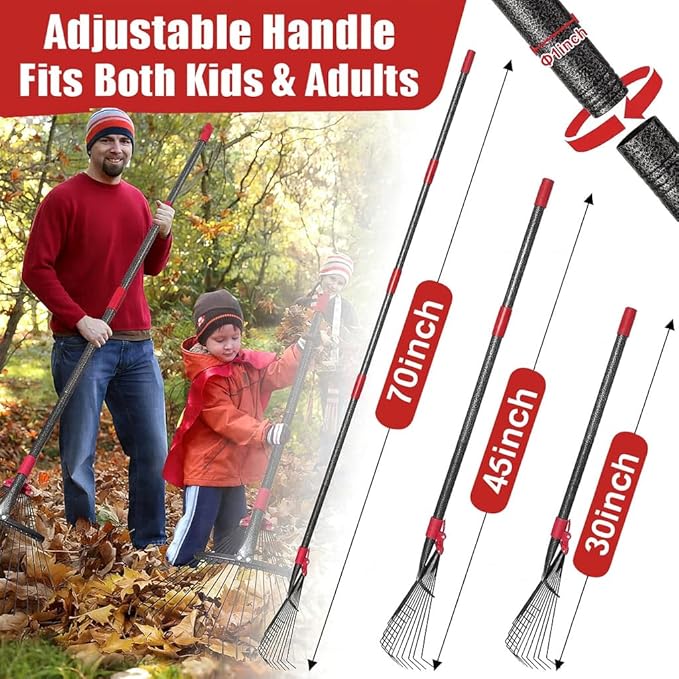 Adjustable Leaf Rake - Metal Garden Rake with 8"-17" Expandable Head, 70" Long Handle, Lightweight Collapsible Design for Leaves & Pine Needles,Lightweight for Flower Beds,Yard, Shrubs,Camping