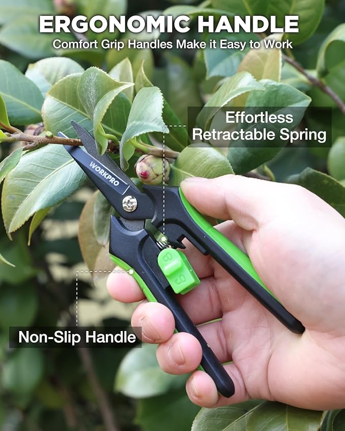 WORKPRO 2-Pack 6-Inch Garden Pruning Shears, Sharp High-Carbon Steel Harvest Snips with Nonstick Coated Blade, Spring-Loaded Gardening Scissors with Safety Lock for Flower, Fruit & Vegetable Picking