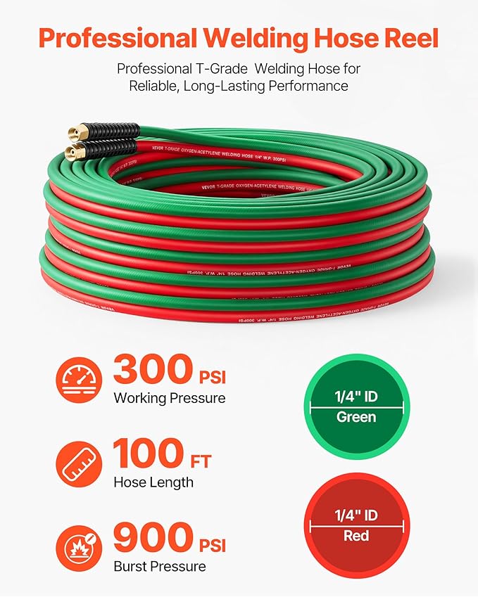 VEVOR Retractable Welding Hose Reel, Hand Crank Manual Rewind Hose Reel with 1/4 Inch x 100FT Twin Oxygen Acetylene Rubber Hose Max 300PSI - T Grade, Ceiling/Wall Mount Steel Reel for Workshop Garages