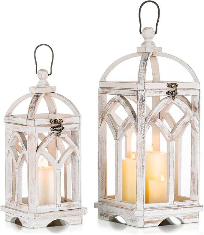 Romadedi Decorative Candle Lantern Wood - Rustic Wooden Lantern for Farmhouse Home Living Room Shelf Patio Table Decoration Christmas Holloween Wedding Party Table Centerpiece, Washedwhite