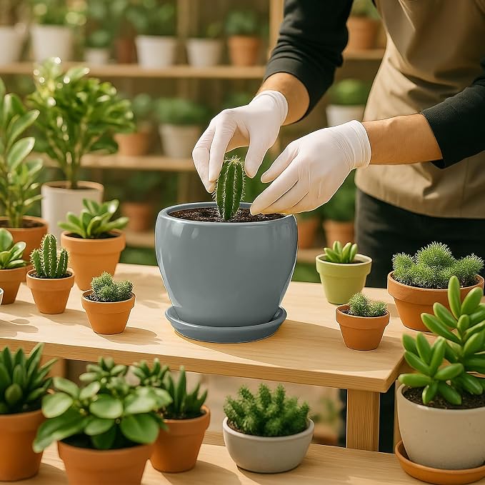 Deep Dream 8 Inch Plant Pots- Ceramic Pots for Plants with Drainage Hole and Saucer, Large Planter Pot for Indoor Plants Outdoor Decor, Grey