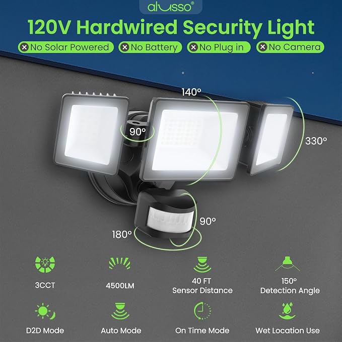 ALUSSO Motion Sensor Outdoor Lights Hardwired(Not Solar),Flood Lights Outdoor 120V, Dusk to Dawn/Auto/On Time, 3CCT 3000K/4000K/6500K Security Light,ETL,3 Modes Classic Black 40W 4500LM
