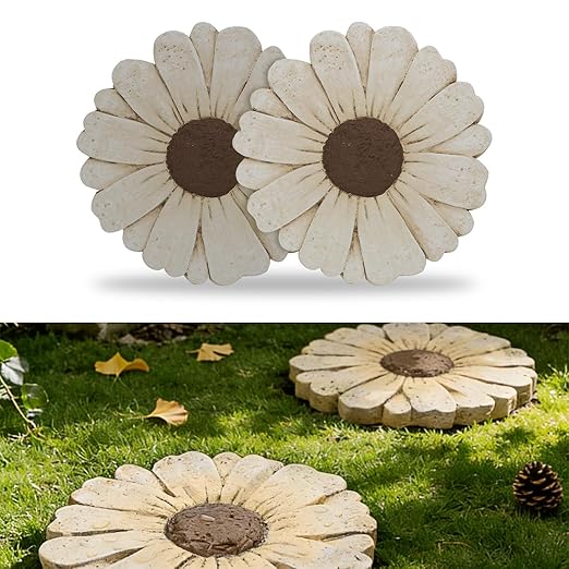 2 Pack Daisy Cement Stepping Stones 10 Inch, Heavy Duty Garden Pathway Stones, Non Slip Outdoor Walkway Decor for Yard Patio Lawn, Weather Resistant Cement Stepping Stones (White)