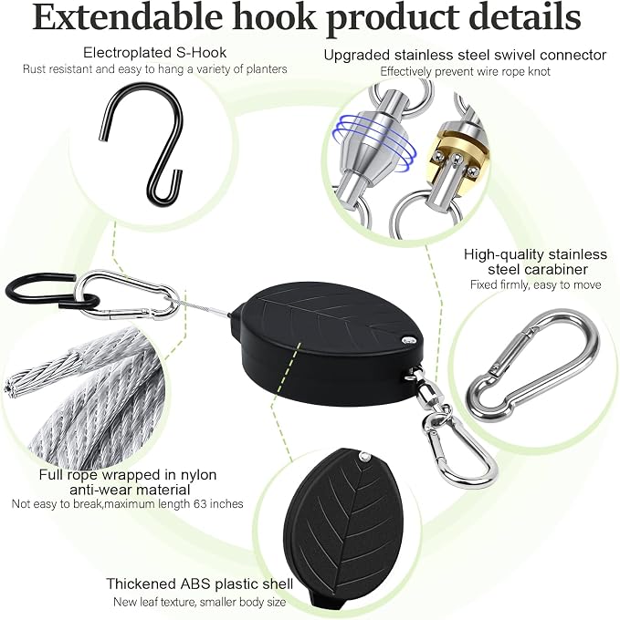 2026New 2Pcs Retractable Plant Hanger with Leaf Texture,44Lbs Load Capacity,Auto Lock,Adjustable Hook for Hanging Plants,Bird Feed,Wind Chimes,Garden Pots,Rust-Proof Stainless Steel,Black