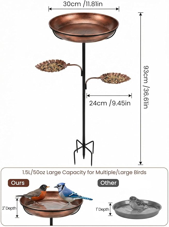 Metal Bird Bath for Outside - Stable Copper Birdbath with Thickened 5-Prong Base | Windproof Heavy Duty Bird Feeder for Garden, Removable Bowl, Rust-Resistant