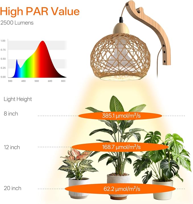 Bstrip Hanging Grow Lights for Indoor Plants, 18W Full Spectrum Plant Light, Boho Rattan Lantern Shade, 3800K Wall-Mounted Decorative Grow Light with 9.8FT Power Cord for Indoor Plant Growing, Flowers