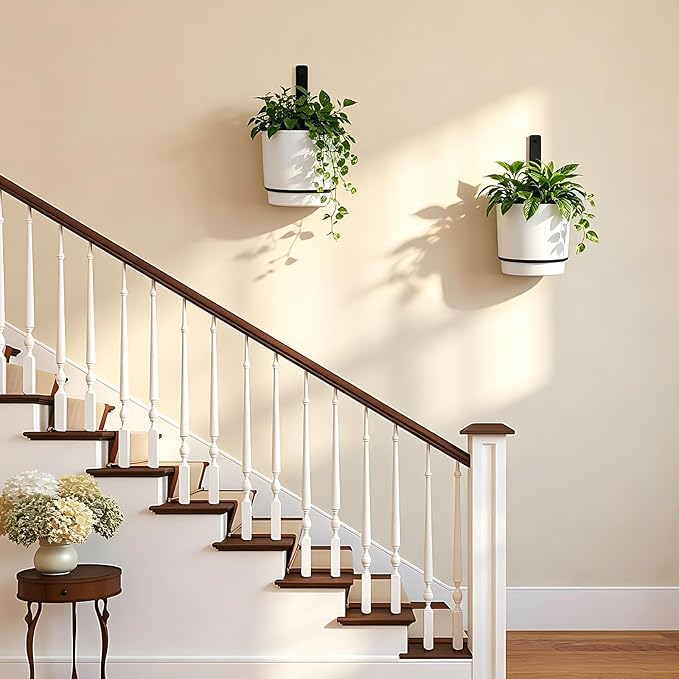 2 Pcs Wall Mounted Hanging Planter Vase for Indoor Outdoor Plants,Modern Metal Wall and Ceiling Hanging Flower Pot with Removable Flower Pot,Minimalist Decor for Herbs Succulents Flowers,5.1Inch,White