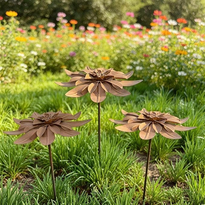 Set of 2 Vintage Rusty Cornflower Statues Stake 12 Inch Metal Artistic Wire Art Decor Rustic Garden Sculptures for Lawns Yard Patio Home Farmhouse Decoration (Bronze) (Brown)