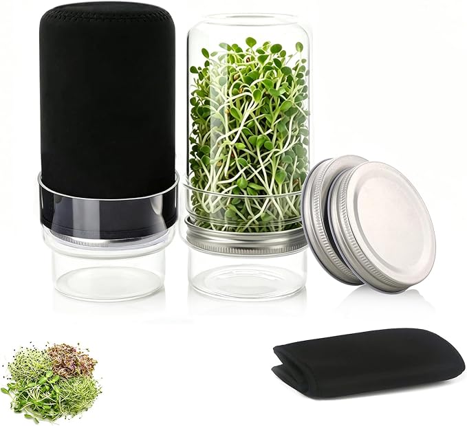 Sprouting Kit, 2 Wide Mouth Sprouting Jar with Stainless Steel Screen Sprout Lids, Blackout Sleeves, Drain Cover, Sprouts Growing Kit for Broccoli, Mung Beans, Alfalfa & Microgreens