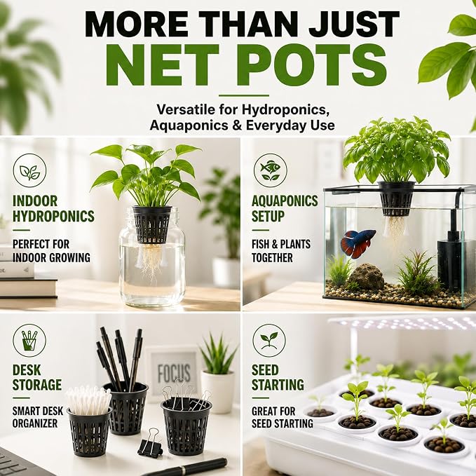 Net Cups Hydroponics 24 Pack 3 Inch Mesh Net Pots with 20 Ft Wick Cord & 24 Plant Labels, Slotted Cups for Healthy Root Growth, Indoor Hydroponic Growing & Aquaponics Systems