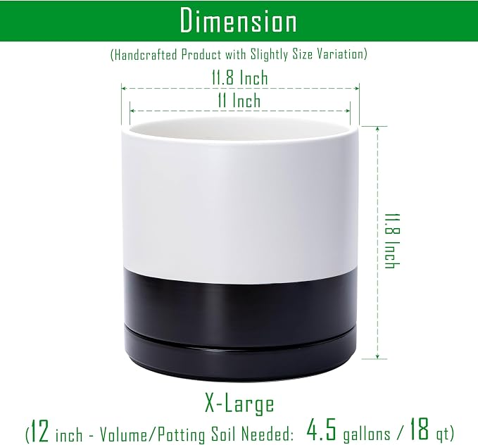 D'vine Dev 12 Inch Ceramic Planter Pot with Drainage Hole and Saucer, Indoor Cylinder Round Planter Pot, Layered Monochrome Black & White, 94-O-F-L