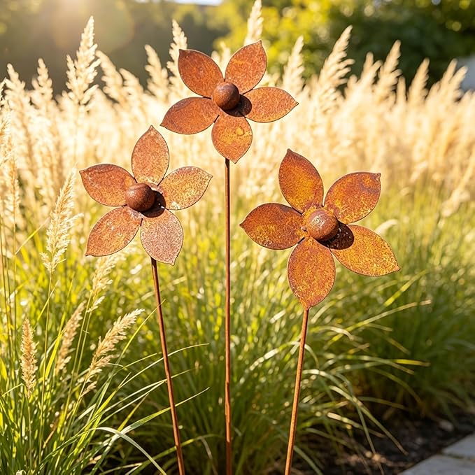 Rustic Metal Coneflower Garden Stakes, Set of 3, Rusted Iron Daisy Yard Art, 12.6x4 Inch, Weather-Resistant Lawn Pathway, Patio Decor (Metallic)