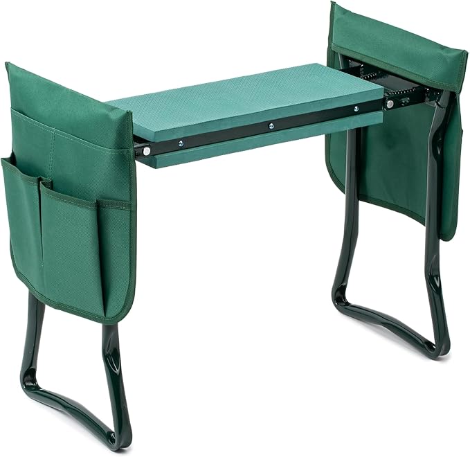 iPower Garden Kneeler and Seat with Sturdy Soft EVA Foam Pad, Foldable Kneeling Bench, 2 Tool Pouches Included, for Camping, Gardening, Fishing, Green