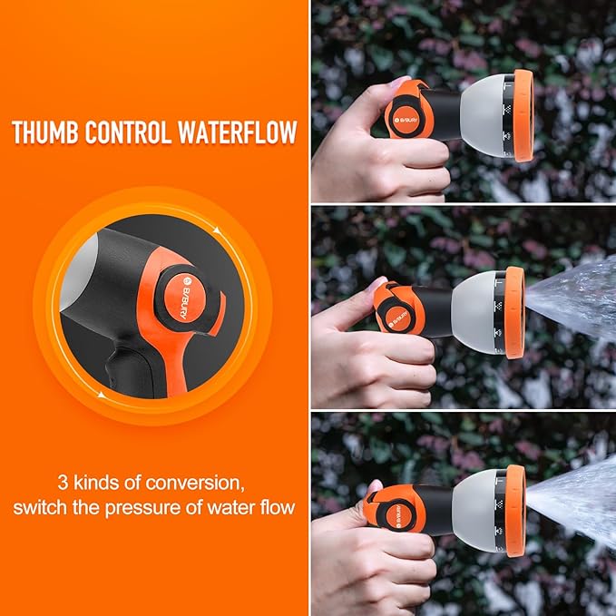 Water Hose Nozzle Sprayer, BIBURY Hand Sprayer with 10 Spray Patterns and On Off Valve Thumb Control, High Pressure Garden Hose Spray Nozzle for Watering Plants, Cleaning, Car Wash and Showering Pets