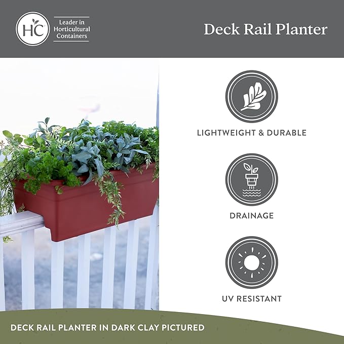 The HC Companies 24 Inch Deck Rail Planter Box with Drainage Plug, Lightweight UV-Resistant Plastic Outdoor Planters for Wood Deck Rail, Flower Box for Garden, Patio, Balcony, and Fence, Clay