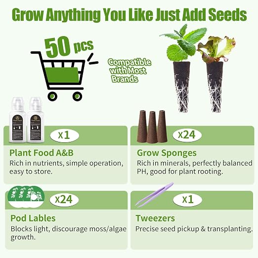 51 Pcs Grow Sponges and Plant Food Compatible with Aero Garden and All Brands - Seed Pods Lables and Indoor Plant Fertilizer for Z214 Indoor Garden Hydroponics Growing System