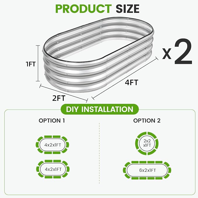 G GOOD GAIN Galvanized Metal Raised Garden Bed Kit - 4x2x1FT Outdoor Planter Box with Safety Edging and Gloves for Vegetables, Fruits, Flowers(Silver, 2PC)