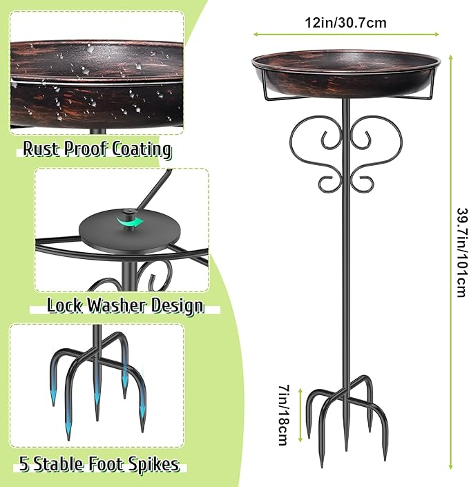 Freestanding Bird Bath for Outside, Metal Birdfeeder with Heavy Duty 5 Prong Base Stand, Detachable Garden Bird Bath Bowl for Outdoor Yard Lawn Patio Decor (Antique Bronze)
