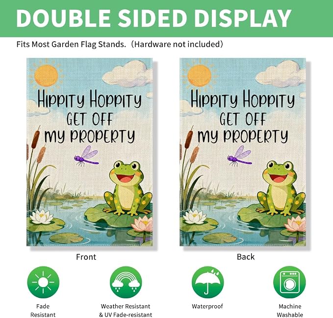 Perfectinsoy Hippity Hoppity Get Off My Property Funny Garden Flag, Doormat Human Rights Yard Banner, Cute Frog Flags, Humor Welcome Yard Farmhouse Lawn Summer Outdoor Decor, Housewarming Flag Gifts