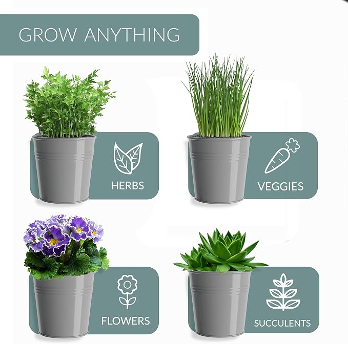 Barnyard Designs Indoor Herb Garden Planter Set with Tray, Metal Windowsill Plant Pots with Drainage for Outdoor or Indoor Plants, Set/3 (Cool Grey)