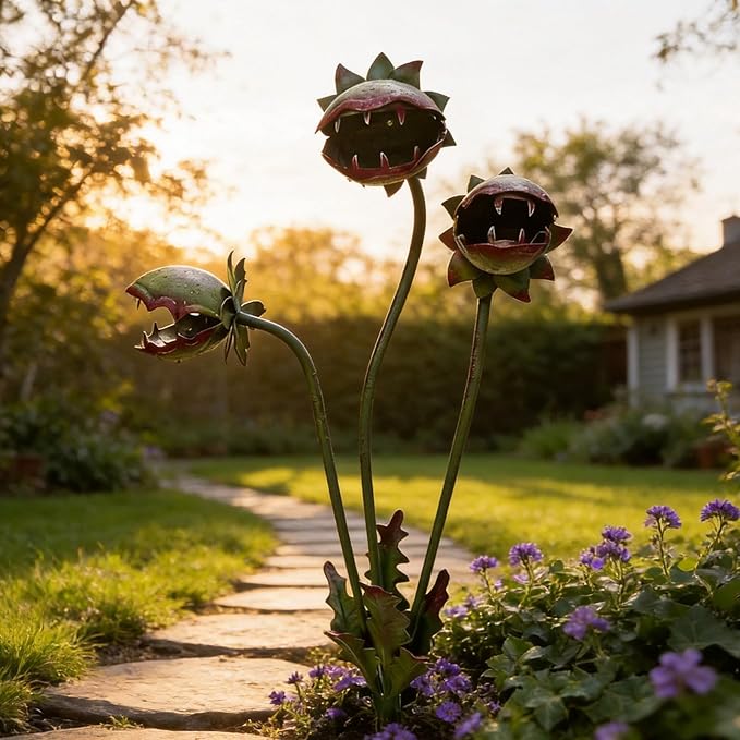 Whimsical Metal Carnivorous Plant Garden Stake, 25-inch Large Venus Flytrap Monster Plant Sculpture, Fun Outdoor Decorative Art Pieces for Lawns, Flower Pots, Flower Beds, Patios
