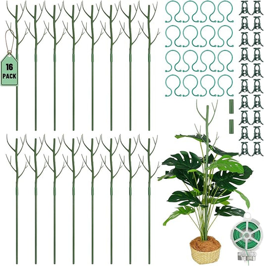 16 Pack Plant Support Stakes 27.5" | Detachable Monstera Climbing Stakes with 20 Orchid Clips & 65ft Twist Ties | Heavy Duty Garden Stakes for Indoor Outdoor Plants