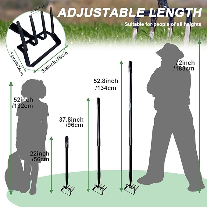 4-Tines Rake and Stirrup Hoe - Adjustable Long Handle Scuffle Loop Hula Action Hoe for Weeding, Digging, Loosening Soil, Stainless Steel Tiller Cultivator for Gardening, Raised Flower Beds Planting.