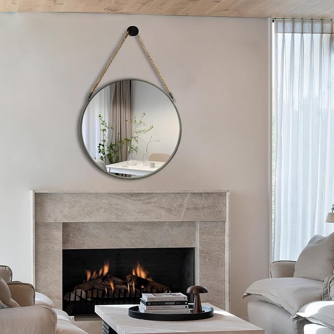 POZINO Round Hanging Mirror, 20 Inch Circle Wall Mirror with Rope, Grey Metal Frame Farmhouse Decorative Mirrors for Entryway, Living Room, Fireplace, Bedroom, Bathroom