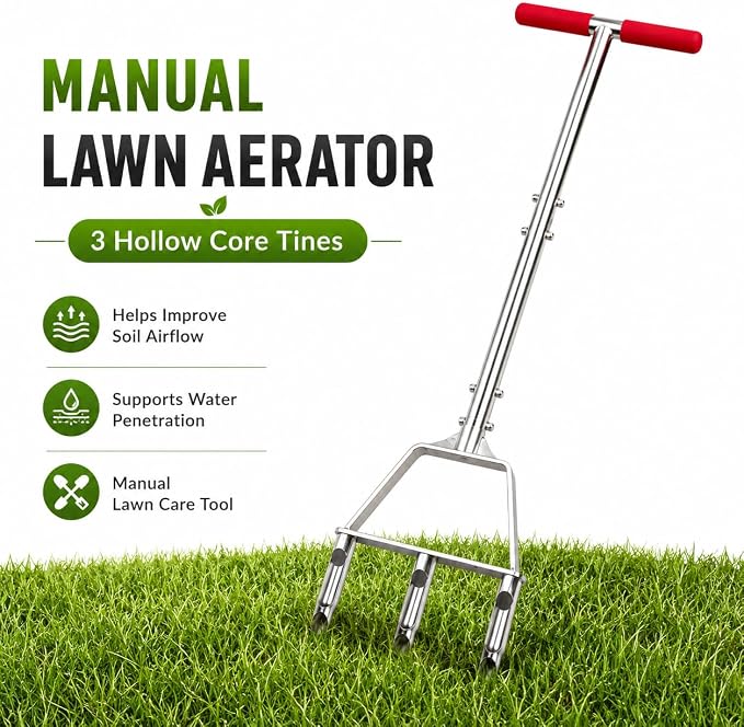 PPZ Manual Push Lawn Aerator, Semi-Assembled Handheld Tool with 3 Replaceable Heads for Lawn Aeration