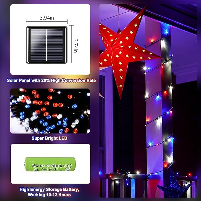 2 Pack 480 LED Solar String Lights for Outside, 170 FT Solar Powered Outdoor Waterproof Twinkle Lights, Solar Tree Light for 4th of July Indenpance Day USA 250th Anniversary Decor (Red White and Blue)